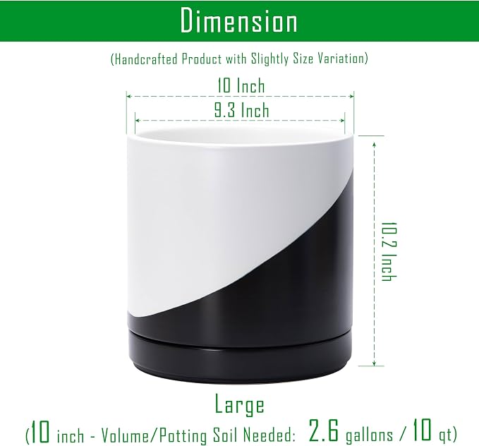 D'vine Dev 10 Inch Ceramic Planter Pot, Black White Diagonal, 94-O-E-K | Modern Cylinder Design, Drainage Hole & Saucer Included, Stable Structure, Elegant Home Accent