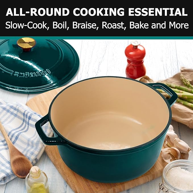 MUELLER HOME 7.5 QT Enameled Cast Iron Dutch Oven, Heavy-Duty Casserole Dish and Braiser Pan with Lid and Stainless Knob, Oven-Safe up to 500° F & Across All Cooktops, Emerald | Heavy-Duty Casserole Dish and Braiser Pan, Lid with Stainless Knob, Oven-S...
