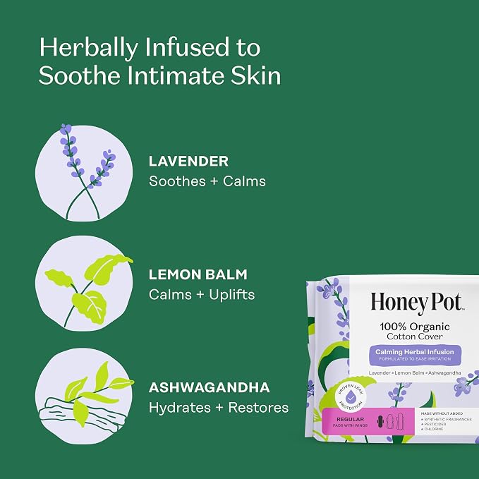The Honey Pot Company - Calming - Regular Pads for Women | 100% Organic Cotton Cover - Calming Herbs of Lavender, Ashwagandha, & Lemon Balm - Pads w/Wings - Feminine Care - 80ct