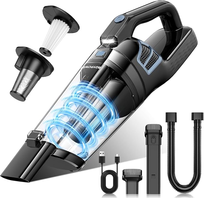 BQYPOWER Handheld Vacuum Cordless Rechargeable, Portable Car Vacuum Cleaner | 16000PA Strong Suction Hand Held Vacuum Cordless with Multiple Accessories, Portable Mini Car Vacuum Cleaner for Car Home