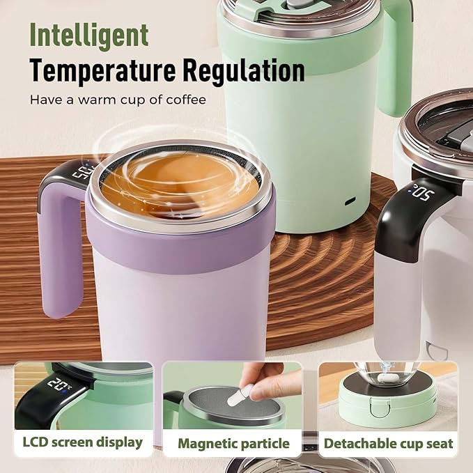 Automatic Magnetic Stirring Coffee Mug with Temperature Display, 2026 Upgraded Magnetic Coffee Stirrer Automatic Stirring Coffee Mug with Lid, Auto Stirring Coffee Mug for Office School (White)