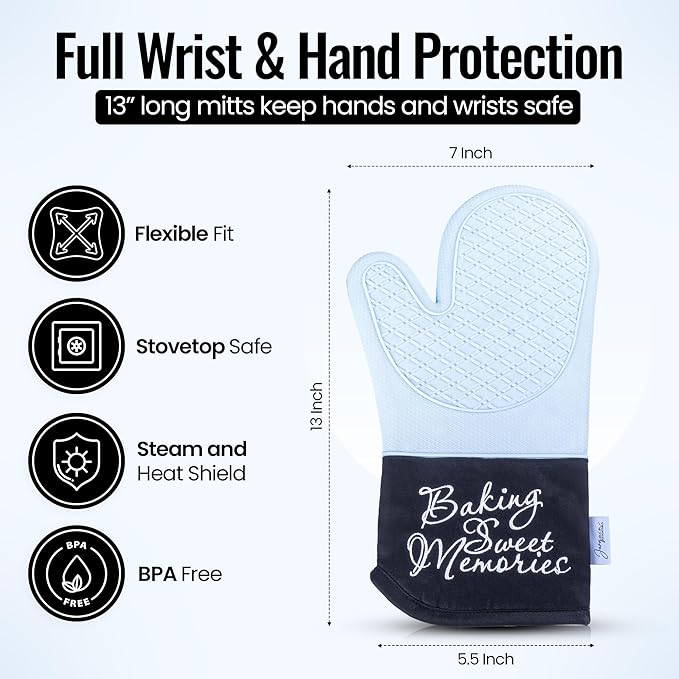 Mitts - Long Slip Resistant Pot Holders - Silicone Oven Mitts - Baking Gloves for Oven - Perfect for Baking, BBQ, Cooking, and Grilling, Oven Mitts Set of 2, 7''x13'' (Blue)