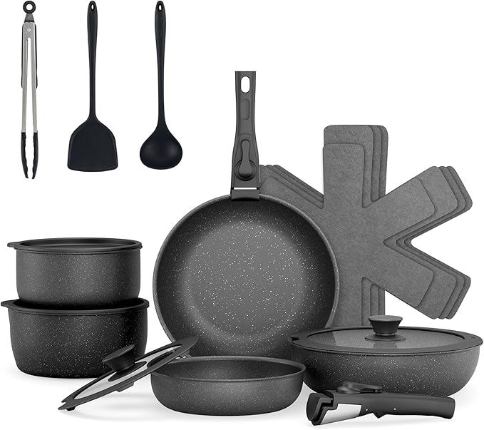18 Piece Pots and Pans Set with Removable Handle, Nonstick Cookware Set Detachable Handles, Space Saving Stackable Kitchen Sets for RV, Camping & Apartment