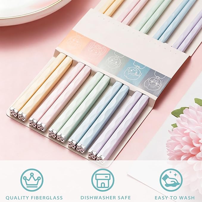 5 Pairs Fiberglass Reusable Chopsticks Dishwasher Safe, Slivek 9.5 in Premium Lightweight Chopsticks Non-slip, Japanese Chinese Korean Chop Sticks Gfit, Muti-color