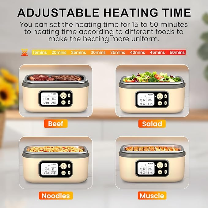 Cordless Electric Heated Lunch Box, XL 6.3Cups Rechargeable Food Warmer Lunch Box with Self Heating, Smart Timer, Adjustable Temperature, Leakproof, BPA Free, Removable Divider Yellow