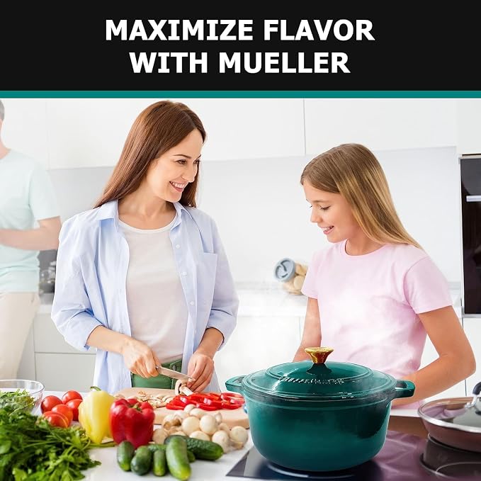 MUELLER HOME 7.5 QT Enameled Cast Iron Dutch Oven, Heavy-Duty Casserole Dish and Braiser Pan with Lid and Stainless Knob, Oven-Safe up to 500° F & Across All Cooktops, Emerald | Heavy-Duty Casserole Dish and Braiser Pan, Lid with Stainless Knob, Oven-S...