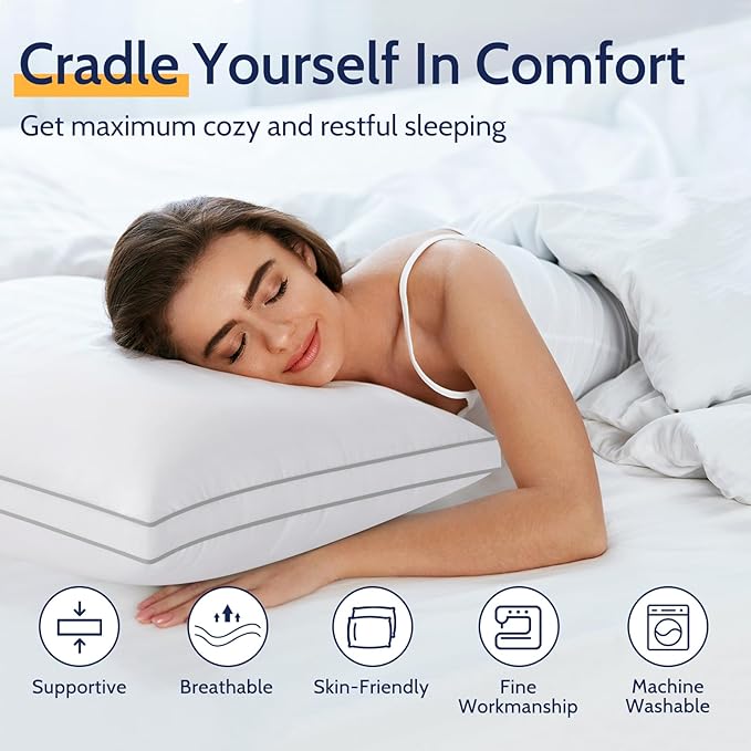 ROUMEA Pillows Queen Size Set of 2, Gusseted Bed Pillows for Sleeping 2 Pack, Luxury Hotel Quality, Supportive Queen Pillow with Soft Down Alternative for Back Stomach Side Sleepers, Machine Washable