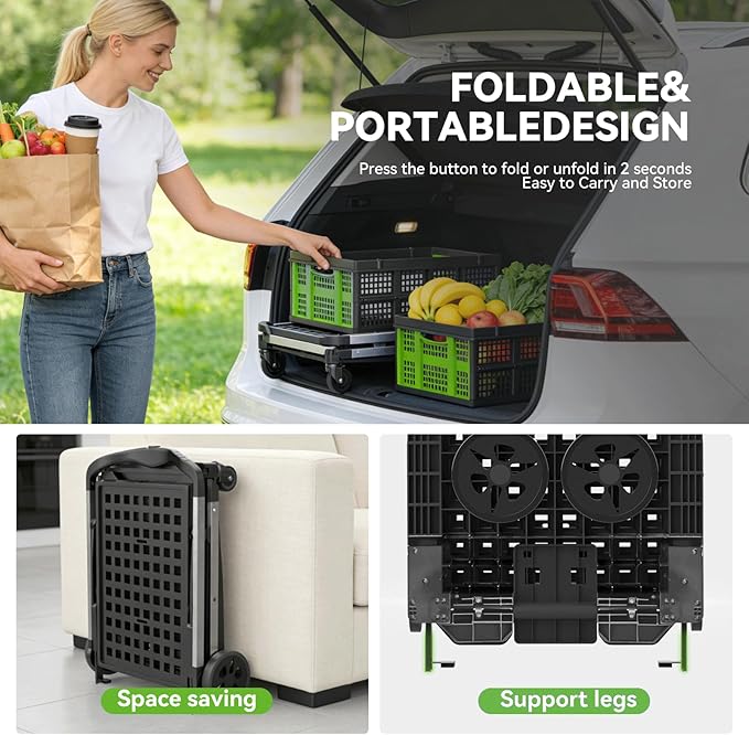 Collapsible Shopping Cart with Wheels,2 Tier Multi Use Foldable Shopping Cart with 2 Storage Crates,Folding Shopping Trolley Utility Cart for Office,Groceries, Warehouse,Supermarket,Picnic (Green)