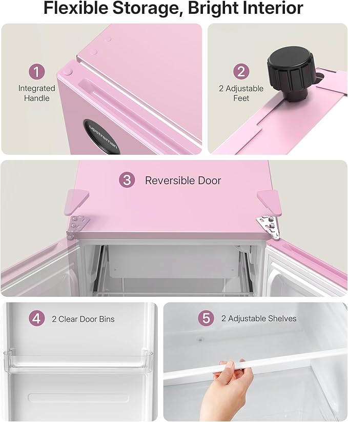 Upstreman 2.5 Cu.Ft All-Refrigerator Mini Fridge, Single Door Small Refrigerator, Dorm Fridge with 7 Adjustable Thermostat, Compact Refrigerator for Office, Bedroom or Dorm, Pink-CR26