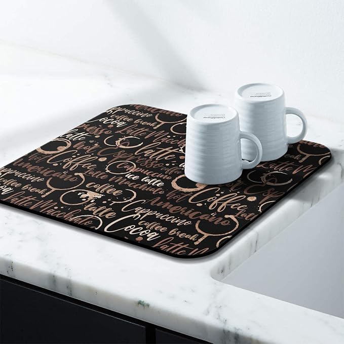 Coffee Bar Mat Accessories for Countertop Absorbent Hide Stain Rubber Backed Dish Drying Mats for Kitchen Counter Draining Pad Decor Gift (18x16in)