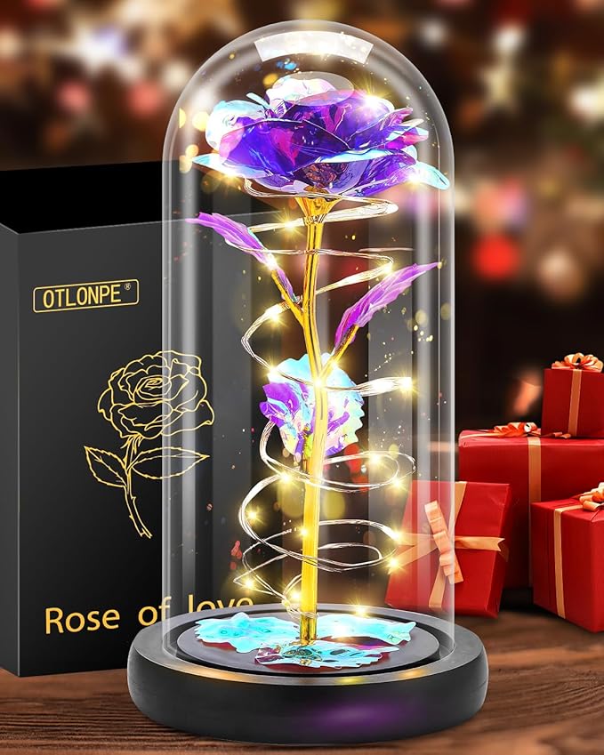 Otlonpe Preserved Forever Mothers Day Flower Gifts for Mom, Glass Light Up Rose Gifts for Women Grandma Girlfriend Wife Sister Her, Valentines Mothers Day Christmas Birthday Womens Gift (Purple)