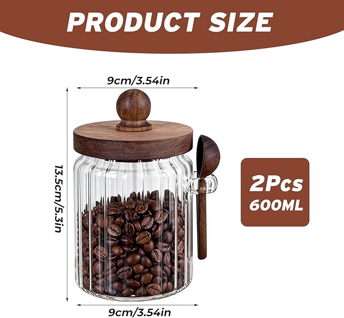 2 Pack Brown Sugar Keeper Bowl with Lid and Spoon, Farmhouse Style Coffee canister - Food Storage Glass Jars (20oz) with Wooden Lid for Kitchen, Coffee Bean, Tea, Baking Supplies & Spice Dispenser