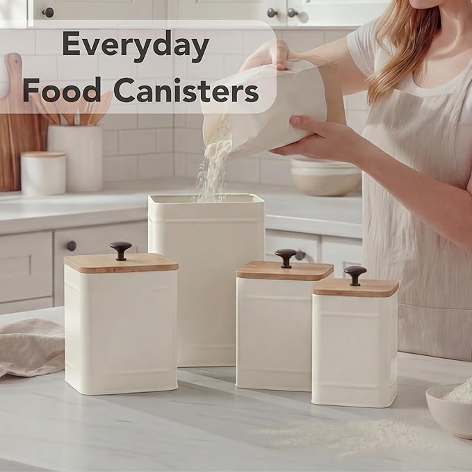 PERFNIQUE Kitchen Canisters, Airtight Canister Sets for Kitchen Counter, Kitchen Canisters for Countertop Set of 4, Coffee Tea Sugar Flour Spice Tin Jars Food Storage Container with Lid(White)