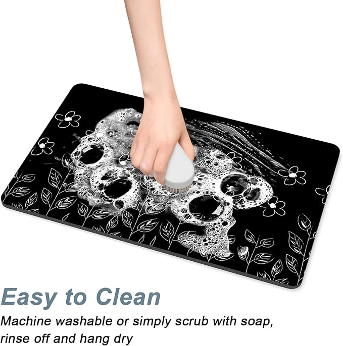Rnivvi Coffee Mat, 12" x 19" Cute Coffee Bar Mats for Espresso Machine Station Accessories and Organizer, Hide Stain Rubber Backed Absorbent Dish Drying Pad for Kitchen Counter, Black White Flowers