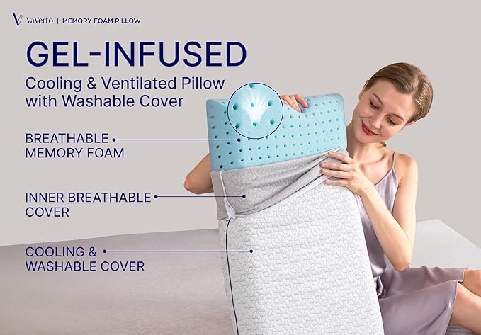 Cooling Gel Memory Foam Pillows - 1-Pack - Standard Size Memory Foam Pillow For Sleeping - Firm Pillow - Back, Stomach & Side Sleeper - Shoulder & Back Pain Relief - Washable, Bamboo Viscose Cover