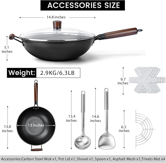 Carbon Steel Wok - 13" Woks & Stir-Fry Pans Nonstick, Wok with Lid, Fast Heat Conduction, Uniform Heat Conduction Flat Bottom Woks, Professional Chef Cookware