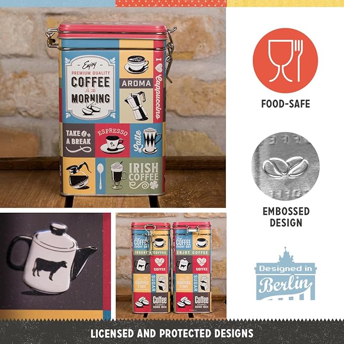 Nostalgic-Art Retro coffee tin box, 44 oz, Coffee Collage – Gift idea for coffee fans, metal clip top can, vintage design