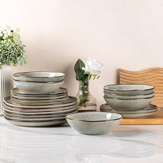 AmorArc Ceramic Dinnerware Sets,Handmade Reactive Glaze Stoneware Plates and Bowls Sets,Highly Scratch Resistant | Dishwasher & Microwave Safe Dishes Set,Service for 6 (18pc)