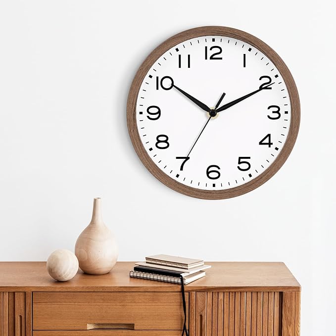 AKCISOT 8 Inch Wall Clock, Battery Operated Analog Clock, Silent Non-Ticking, Ideal for Bedroom, Bathroom, Kitchen, Office and School, Walnut