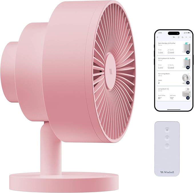 Windmill Smart Fan – Ultra-Quiet 2-in-1 Air Circulator with Remote – 5-Speed Compact Cooling Fan – Whisper-Quiet - App Compatible – Pink