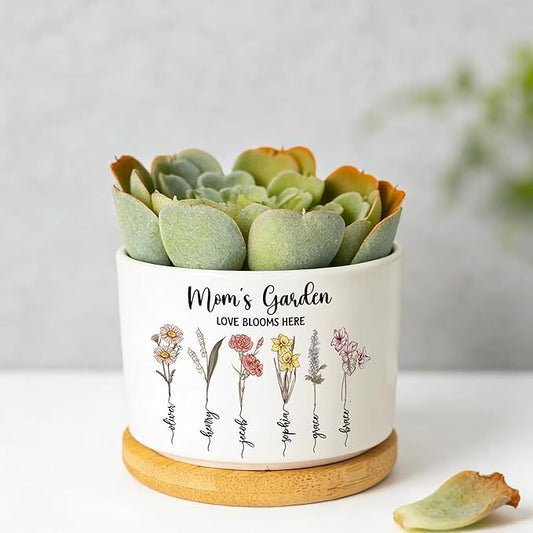 Personalized Mom's Garden Plant Pot, Custom Floral Month with Kids Names Plan Pot, Birth Flowers Mom Gifts from Daughter, Grandma Gift, Mama Gifts