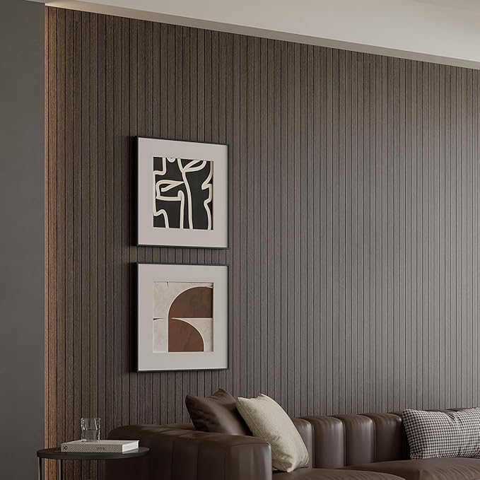 Yutianli PVC Slat Wall Panel Peel and Stick 118"x 15.7" Faux Wood Slat Panel Artificial Smoked Wood Grain Self-Adhesive Soundproof 3D Wall Panel for Walls and Ceilings
