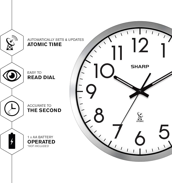 Sharp Atomic Analog Wall Clock - 12" Silver Brushed Finish Sets Automatically- Battery Operated Easy to Read Use: Simple, Style fits Any Decor