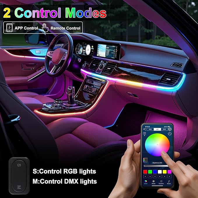 Dreamcolor Acrylic Interior Car LED Strip Lights, 10 in 1 Ambient Lighting Kit with Wireless APP, Dynamic Chasing Music Sync Fiber Optic Lights with DIY Mode, Car Inside Lighting Accessories