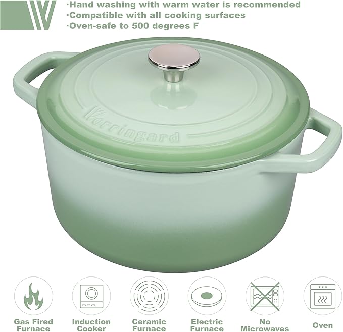VORRINGARD Enameled Cast Iron Dutch Oven Pot with Lid, for Bread Baking, Round Bread Oven- include Sourdough Bread Baking Supplies Set, 4.5QT, Green