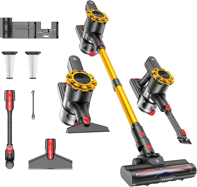 CHEBIO Cordless Vacuum Cleaner, 550W/45Kpa Vacuum Cleaners for Home with LED Display, Anti-Tangle&Wall Mount, 65Mins Wireless Vacuum, 8 in 1 Lightweight Stick Vacuum for Hard Floor/Carpet/Hair