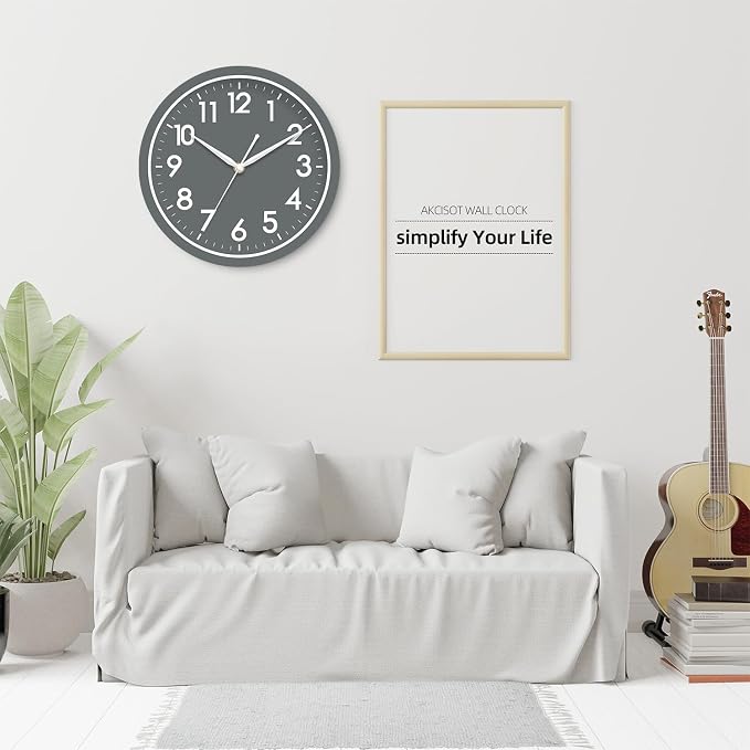 AKCISOT 10 Inch Wall Clock, Battery Operated Analog Clock, Silent Non-Ticking, Ideal for Bedroom, Bathroom, Kitchen, Office and School, Gray