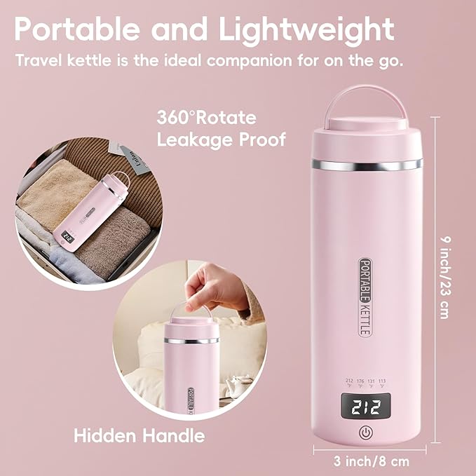 Portable Travel Electric Kettle with Plug-in Boiling & Keeps Warm via USB, 4 Temperature Settings, 304 Stainless Steel with Auto Shut-off, 16oz, Pink