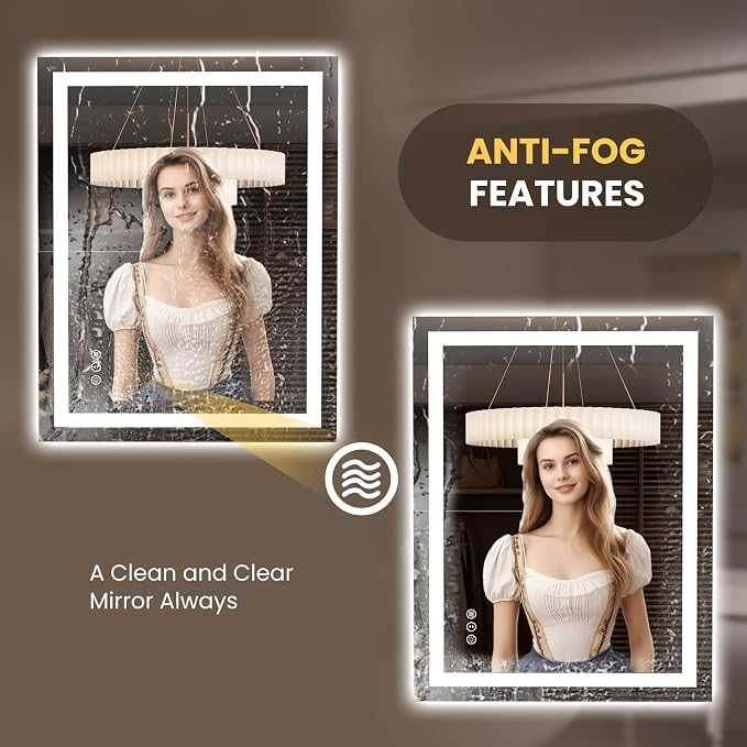 LOAAO 27.6"x35.4" LED Bathroom Mirror with Lights, Anti-Fog, Dimmable, Backlit + Front Lit, Lighted Bathroom Vanity Mirror for Wall, Memory Function, Tempered Glass, Safe to Use, ETL Listed