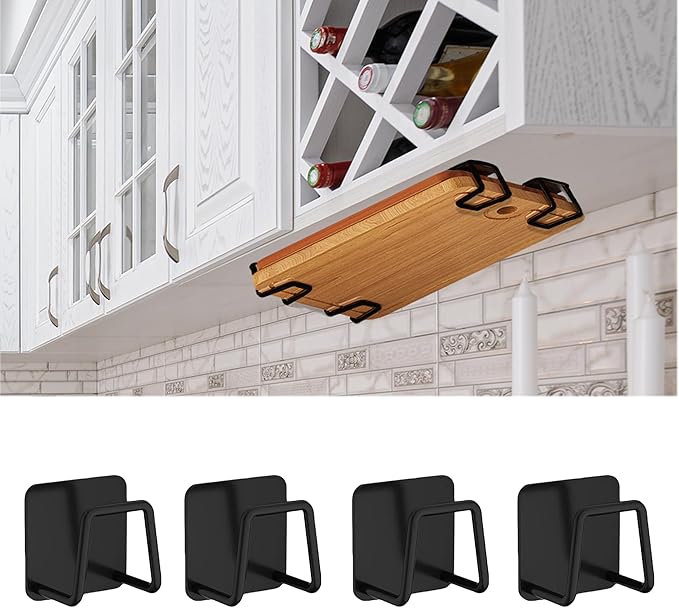 Aogigigio Under Cabinet Cutting Board Holder - 4 Pcs Cutting Board Holder Rack Storage Stainless Steel Under Shelf Counter Chopping Board(Black)