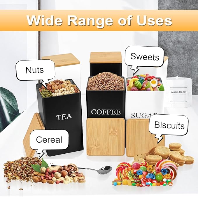3 Pcs Tea Coffee Sugar Canisters, Black Metal Canister Storage Jar Container Set, Food Storage With 3 Spoons, Rust Resistant Powder Coated Iron Caddies for Kitchen Worktop Organizer (White)