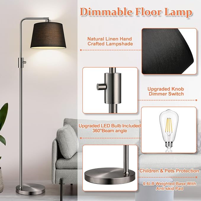Nintiue 【Upgraded】 Dimmable Floor Lamp, 1000 Lumens LED Edison Bulb Included, Brushed Nickel Arc Floor Lamps Modern Standing Lamp with Black Shade, Tall Lamps for Living Room Bedroom