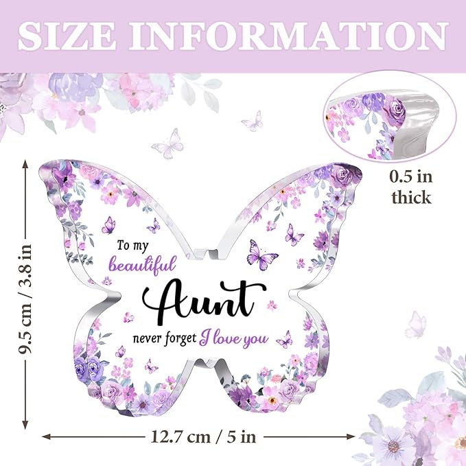 Gifts for Aunt, Aunt Birthday Gifts - Unique Purple Butterfly Acrylic Plaque Desk Decor - Mothers Day Christmas Gift for Aunt from Niece Nephew - 5 x 3.8 x 0.5 inches