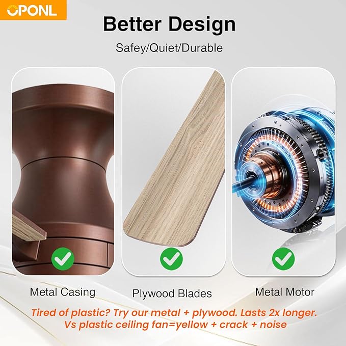OPONL 42 Inch Brown Ceiling Fan with Light, Remote Control, Noiseless, Reversible, 6CCT, Dimmable, Timeable, Metal Housing, Flush Mount Ceiling Fans with Lights for Bedroom, Indoor/Outdoor Use