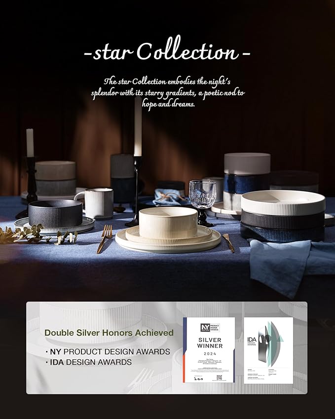 Famiware Star 16-Piece Stoneware Dinnerware Set, Service for 4 - Shallow Pasta Bowls & Flat Plates, Modern Rustic Reactive Glaze Dishes, Chip/Scratch Resistant, Microwave/Dishwasher Safe, Nebulas Blue
