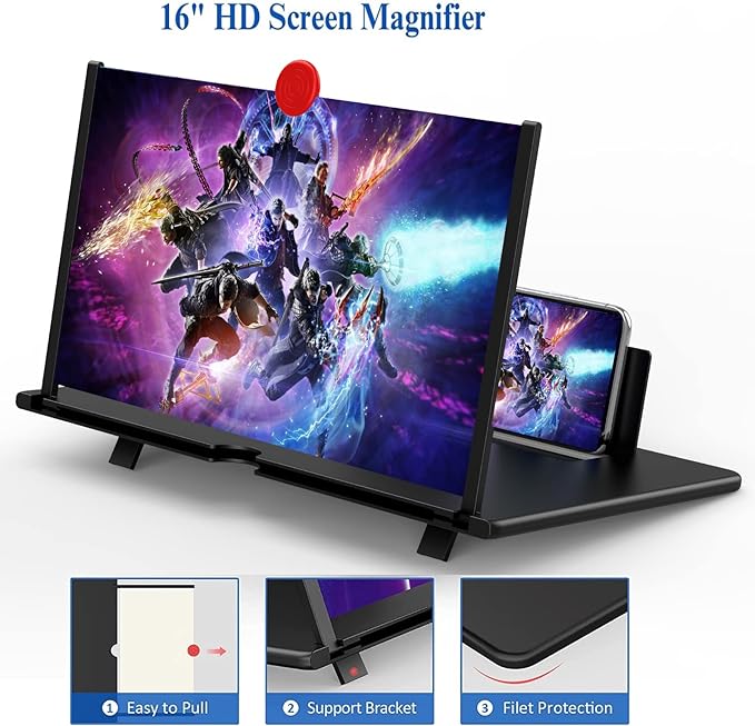 16" Screen Magnifier for Cell Phone,3D Magnifying Projector Screen Enlarger Expander for Movies, Videos, and Gaming, Foldable Phone Stand with Screen Amplifier, Gifts for Mom Dad