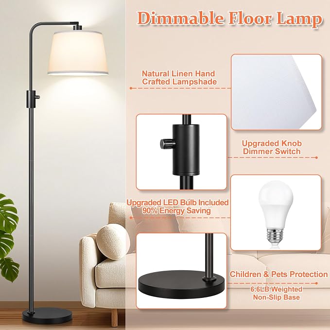【Upgraded】 Dimmable Floor Lamp, 1000 Lumens LED Edison Bulb Included, Arc Black Floor Lamps for Living Room Modern Standing Lamp with White Shade, Tall Lamps for Living Room Bedroom Office Dining Room