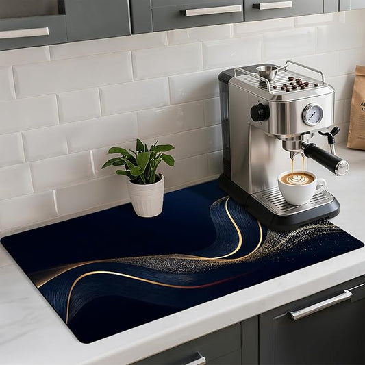 Coffee Mat 17"x32" - Extra Large Absorbent Non Slip Dish Drying Mat,Coffee Bar Accessories,Kitchen Counter Protector for Coffeemaker, Sink, Dining Decor (Lines)