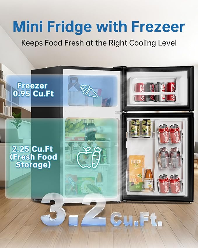 3.2 Cu Ft Mini Fridge with Freezer - Energy Efficient, Double Door Upright Freezer for Bedroom, Office & Dorm,restaurants | Small Fridge, Glass Shelves,Interior Light,ETL Certified,etc
