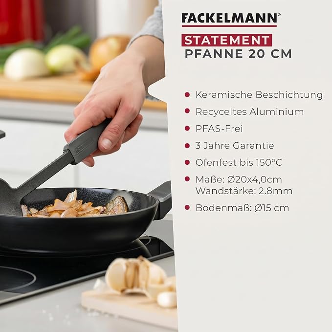 Fackelmann Statement ⌀20cm Frying Pan, Recycled Aluminium, Non-Stick, Grey | PFAS Free Ceramic Coating, Honeycomb Base Structure, Comfort Grip Handle, All Stoves Including Induction, 35.5x20x4cm