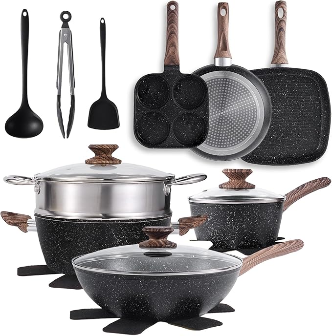 DUMOS 17 Pcs Pots and Pans Set, Nonstick Kitchen Cookware Set, Induction Cooking Sets with Stay-Cool Handles, Black
