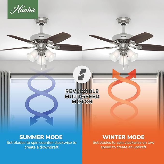 Hunter 42 inch Indoor Ceiling Fan with LED Lights - Ceiling Fan with Pull Chain, For Bedroom or Living Room, Standard Mount, No Remote, 5 Blades, Includes Bulbs - Builder 52106, Brushed Nickel