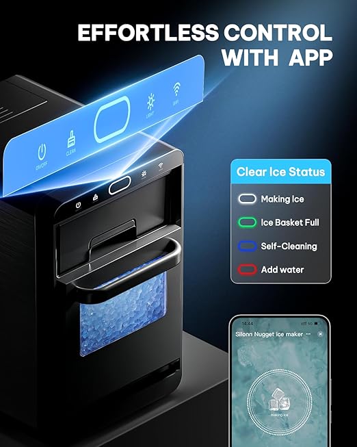 Silonn Nugget Ice Maker Countertop with WiFi Function - 44lbs/24h Crushed Ice Machine, Front Pull-Out Water Tank & Removable Basket, Stainless Steel Finish for Home Kitchen