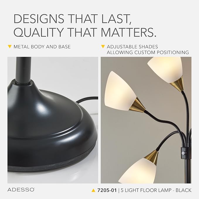 Adesso Floor Lamp with 5 Movable Shades & Adjustable Brightness – Perfect Lighting for Bedroom Decor, Beauty & Art Studio, Black