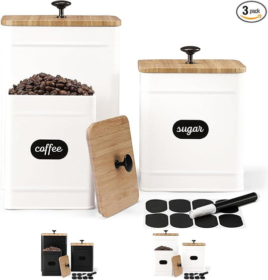 PERFNIQUE Kitchen Canisters for Countertop Set of 3, Airtight Canisters Sets for the Kitchen Counter with Lid, Metal Farmhouse Food Storage Containers Jars for Flour Sugar Coffee Tea Spice (White)