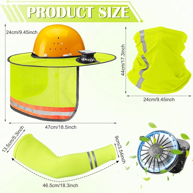 1 Set Sun Hard Hat Shade Full Brim Hard Hat Sun Visor with 2 Solar Fans and Neck Sunshade Cover UV Reflective Strap Arm Sleeves for Construction Workers Outdoor Protection(Fluorescent Yellow)